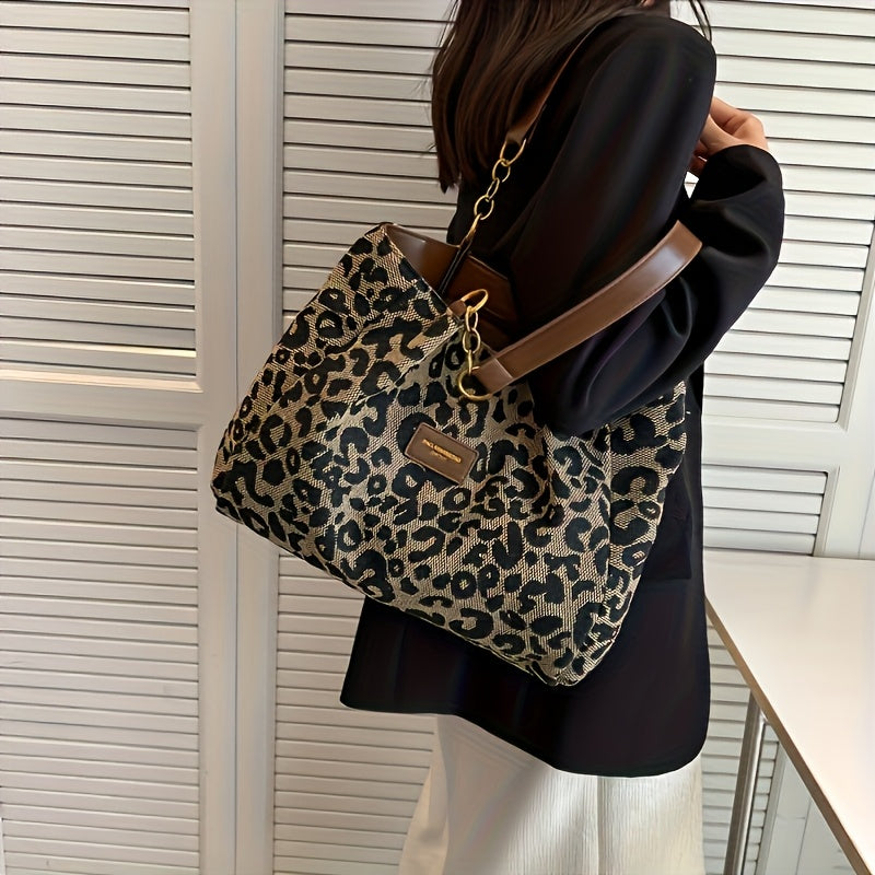 Stylish Leopard Print Canvas Tote Bag with Brown Handles & Golden-Tone Hardware, Spacious Shoulder Handbag for School, Work, or Shopping, Work Shoulder Bag | Bold Leopard Print | Oiledge Finish