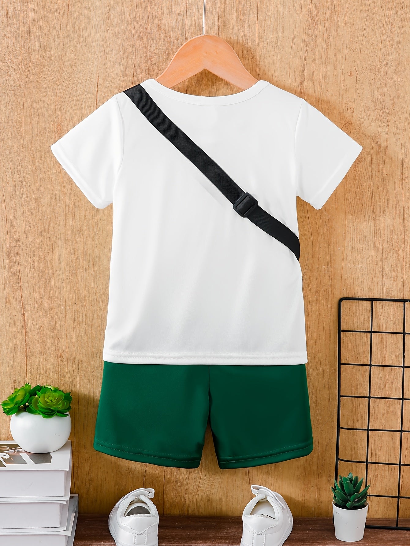 Boys' 3pcs Set White Crew Neck T-Shirt with EASY Lettering & Green Elastic Waist Shorts & Green Crossbody Bag Casual Comfortable Outdoor Outfit, Gift Idea, Perfect for Outdoor
