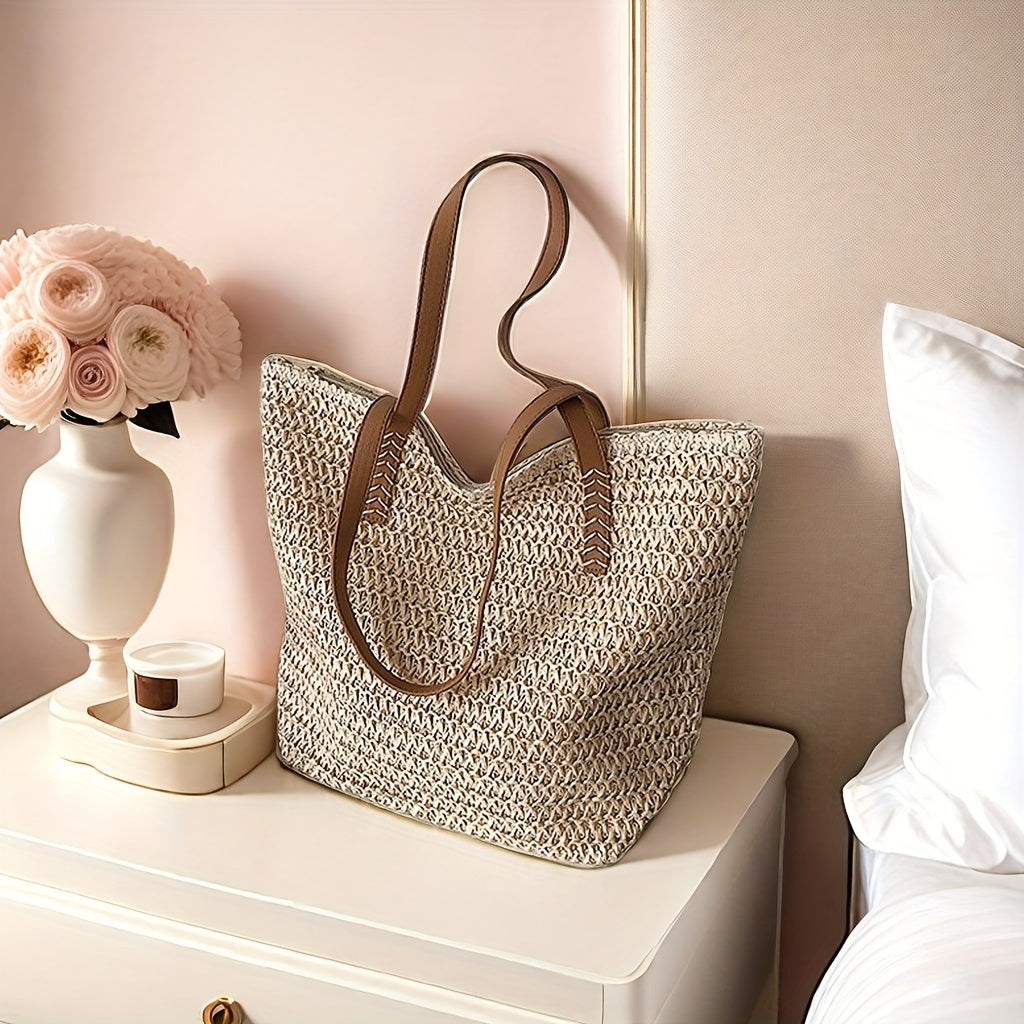 Large Capacity Woven Forest Tote Bag - Beige, One-Shoulder, Zipper Closure, Polyester Lining, Edge Paint Detail, Ideal for Beach & Casual Use, Beach Tote Bag|Woven Handle Bag|Zippered Tote, Beach Bag Tote