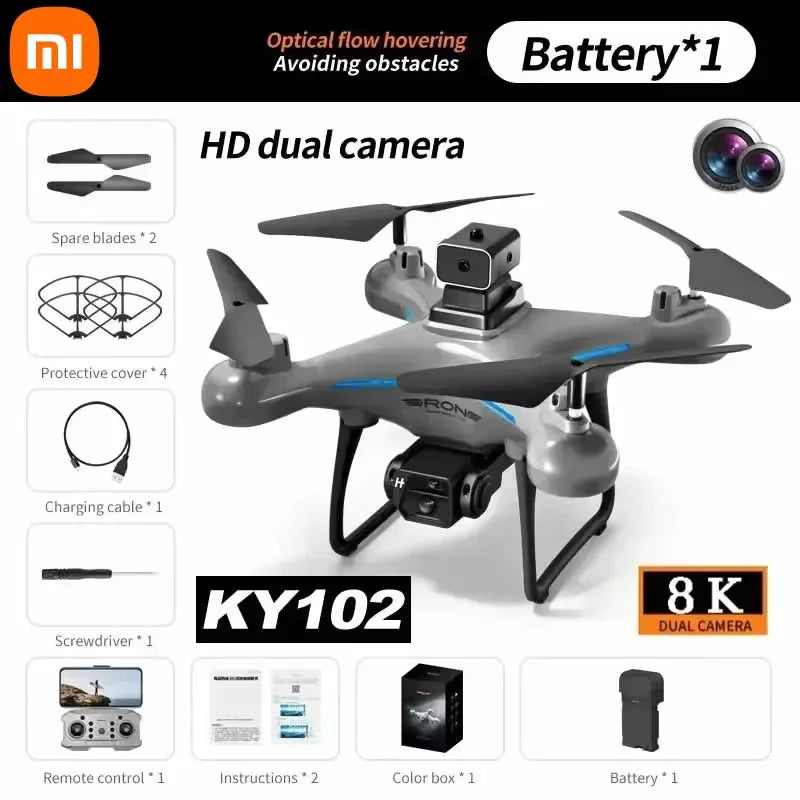 طائرة بدون طيار Xiaomi KY102 ذات كاميرا مزدوجة عالية الدقة 8K للتصوير الجوي وتجنب العوائق وتدفق بصري جوي وطائرة بدون طيار رباعية المحاور تعمل بالتحكم عن بعد