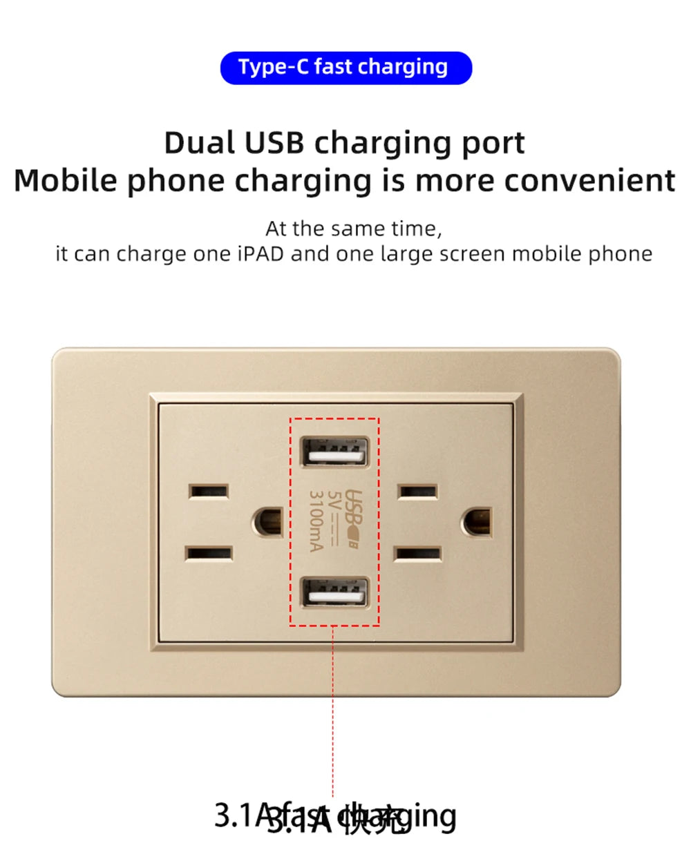 Herepow 118 Series Thaïlande Adaptateur de prise murale double USB standard américain pour appareil domestique intelligent Type-c 3,1 A Charge rapide