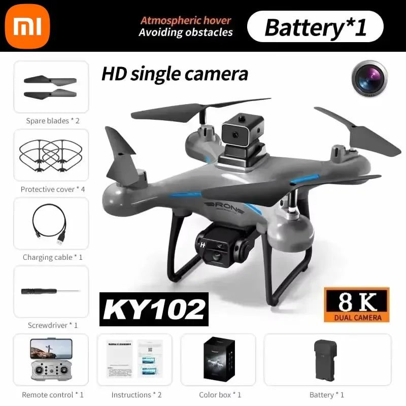 طائرة بدون طيار Xiaomi KY102 ذات كاميرا مزدوجة عالية الدقة 8K للتصوير الجوي وتجنب العوائق وتدفق بصري جوي وطائرة بدون طيار رباعية المحاور تعمل بالتحكم عن بعد