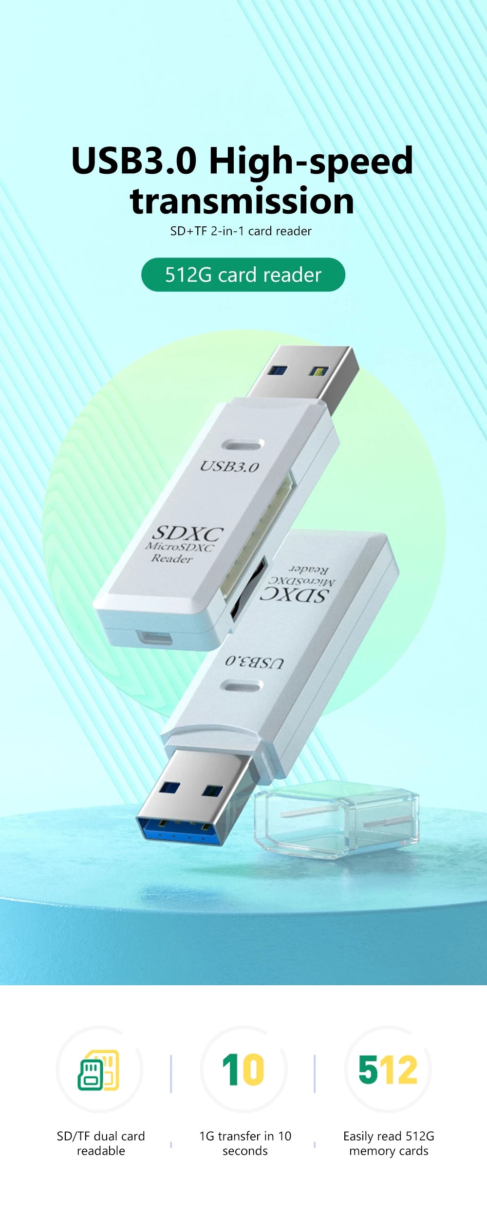 قارئ بطاقات USB 3.0 2 في 1، قارئ بطاقات Micro SD، محول USB، قارئ بطاقات عالي السرعة، بطاقة ذاكرة TF، ملحقات الكمبيوتر المحمول