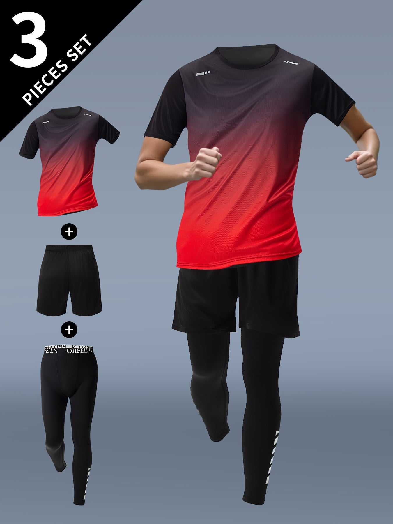3pcs Men'S Athletic Wear Set - Short Sleeve T-Shirt, Shorts, and Leggings with Gradient Blue and Black Design, Polyester Blend, Summer Sports Gear, Athletic Wear Set|Gradient Sportswear|Stretchy Fabric
