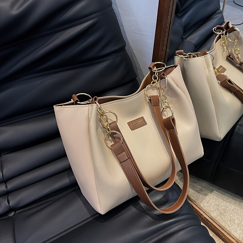 Chic Large Capacity Tote Bag for Women - Versatile Shoulder Bag with Chain Strap, Perfect for Work & School - Available in Khaki, Cream, Black