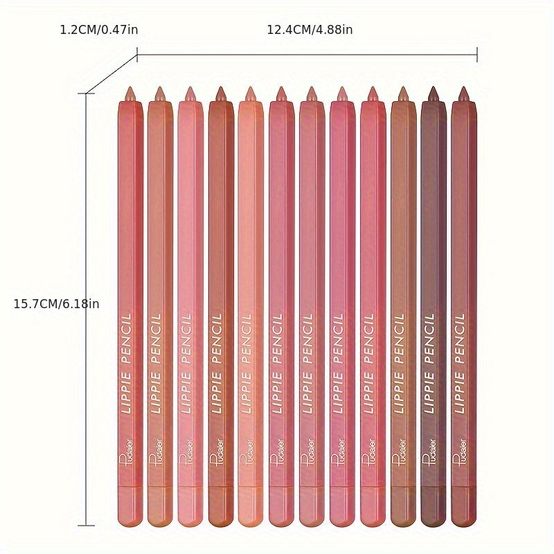 12 Colors Lip Liner Pen Set Long-Lasting, Waterproof Sweatproof, Easy Coloring Non Fade Color Rendering Lip Gloss Set Beauty Makeup
