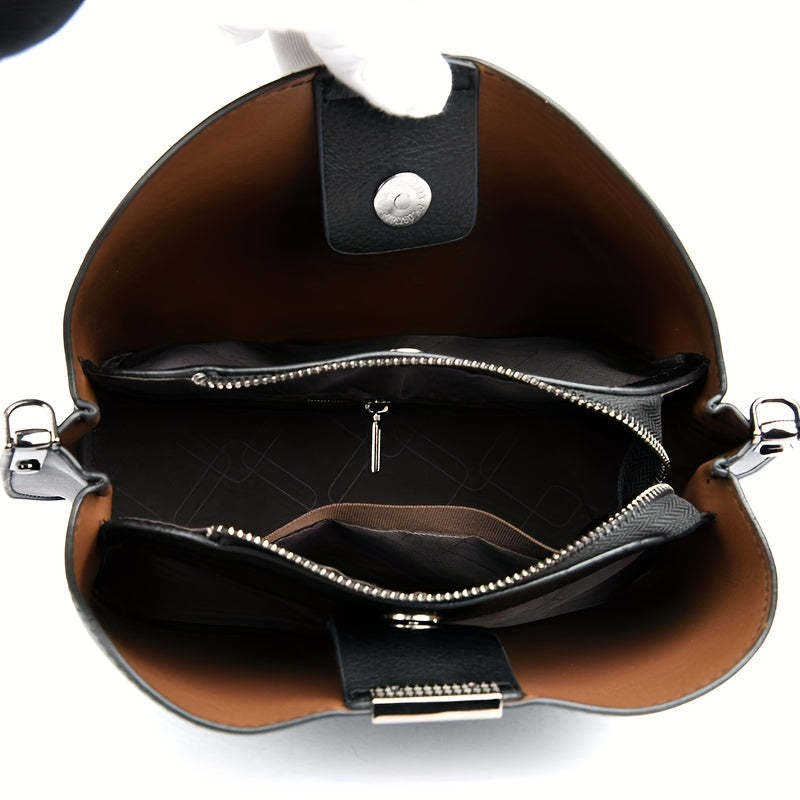 Elegant Women's Crossbody Bucket Bag - Chic Minimalist Design with Multiple Compartments, Solid Color,, Available in Khaki, Brown, Blue, Black, Versatile Crossbody Bag | Minimalist Bucket Bag | Goldtone Hardware, Small Crossb