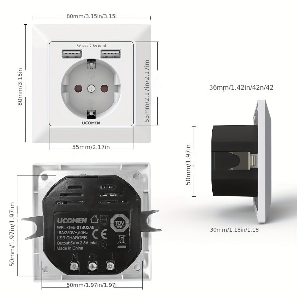 European Wall Socket with Two Charging USB A, 16A/3680W