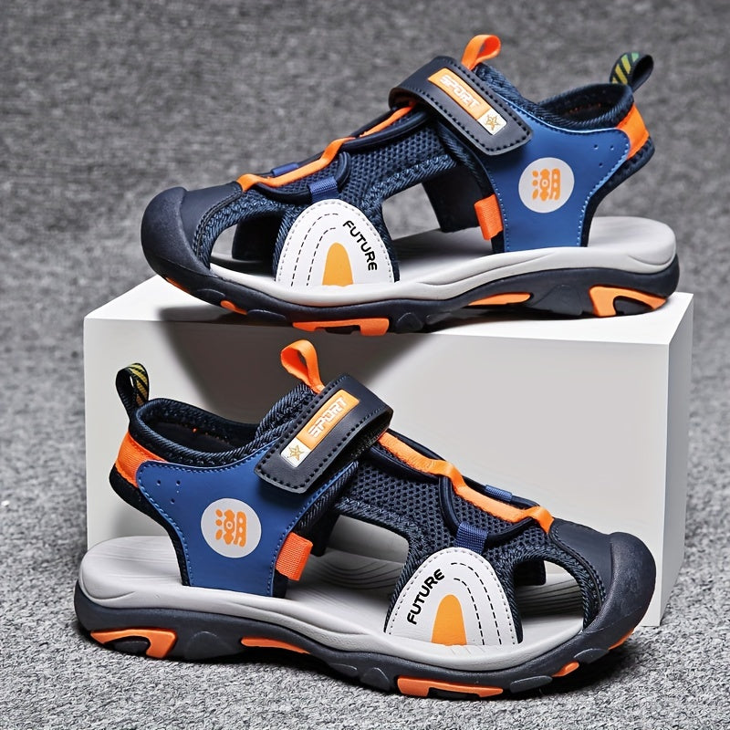 Youngsters' Fashionable Blue & Orange Sandals - Breathable Mesh, Non-Slip Sole with Adjustable Strap for Spring, Summer & Autumn Casual Use