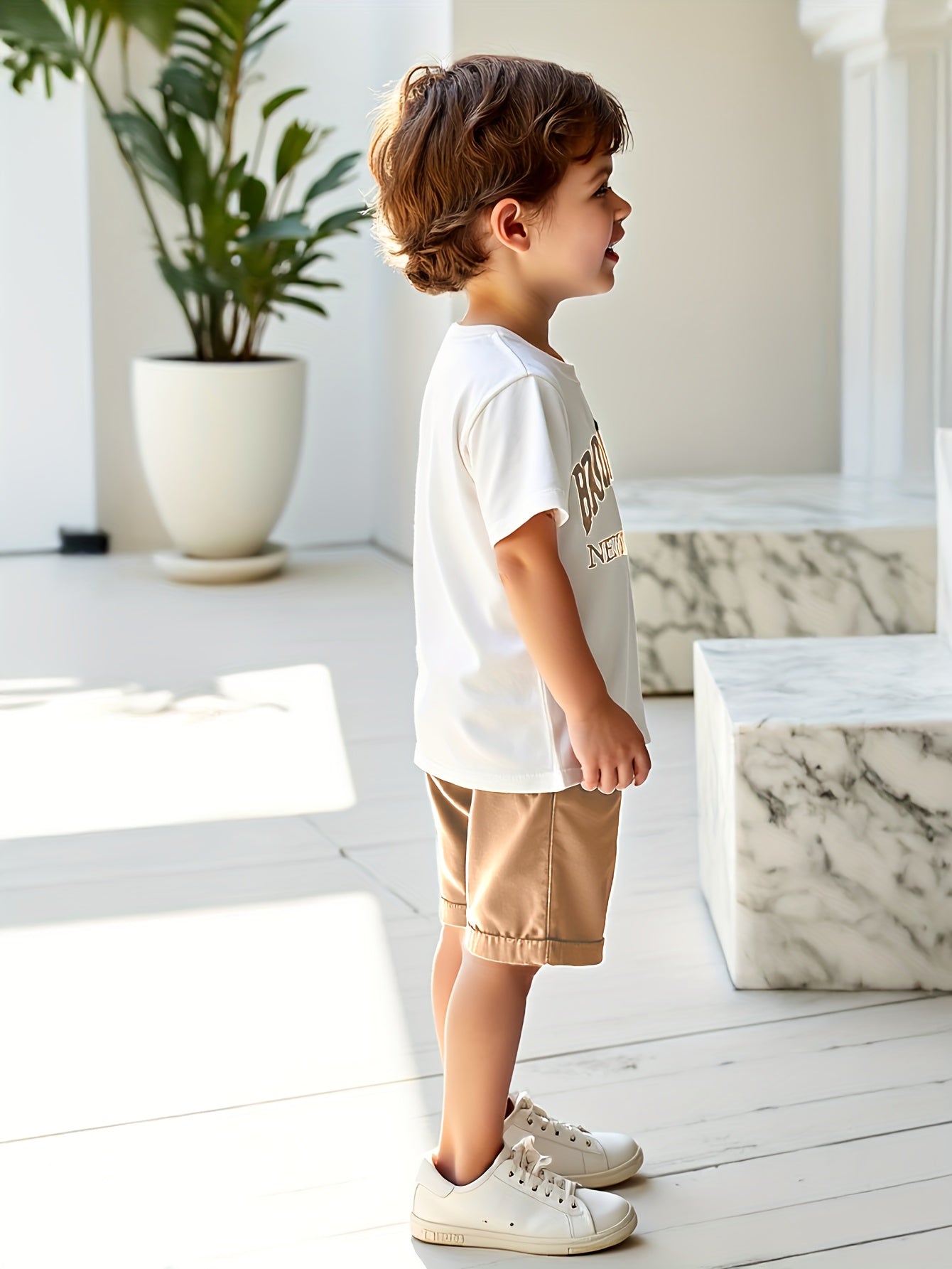 2pcs Summer Casual Shorts & T-Shirt Set for Boys - "Brooklyn New York" Print Tee, Green Shorts, White Sneakers, Polyester Fabric, Casual Summer Attire, Casual Summer Wear | Graphic Tee | Polyester Fabric, Boys Casual Wear, fo