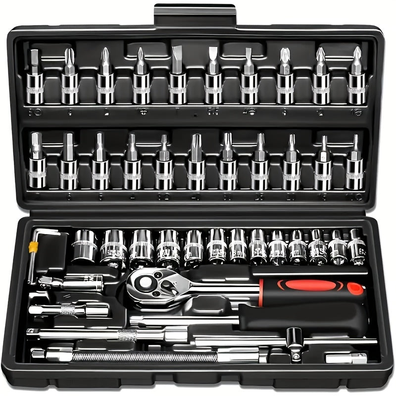 46pcs Ratchet Wrench Set with Socket, 1/4 Inch Transmission, Metric, with Extension Rod, for Car Maintenance and Home Use - Steel Plated Structure, Pre-assembled, Manual, with Storage Box