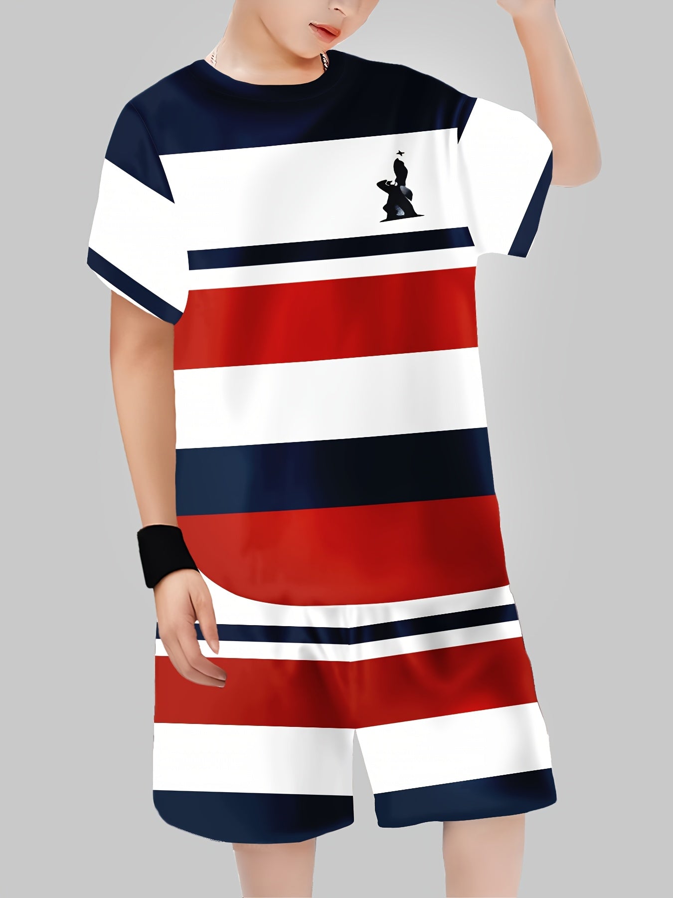 Boys' Polyester 100% Striped T-Shirt and Shorts Set, Casual Crew Neck Pullover with 3D Print, Regular Fit Spring/Summer Knit Fabric Outfit, for Outdoor