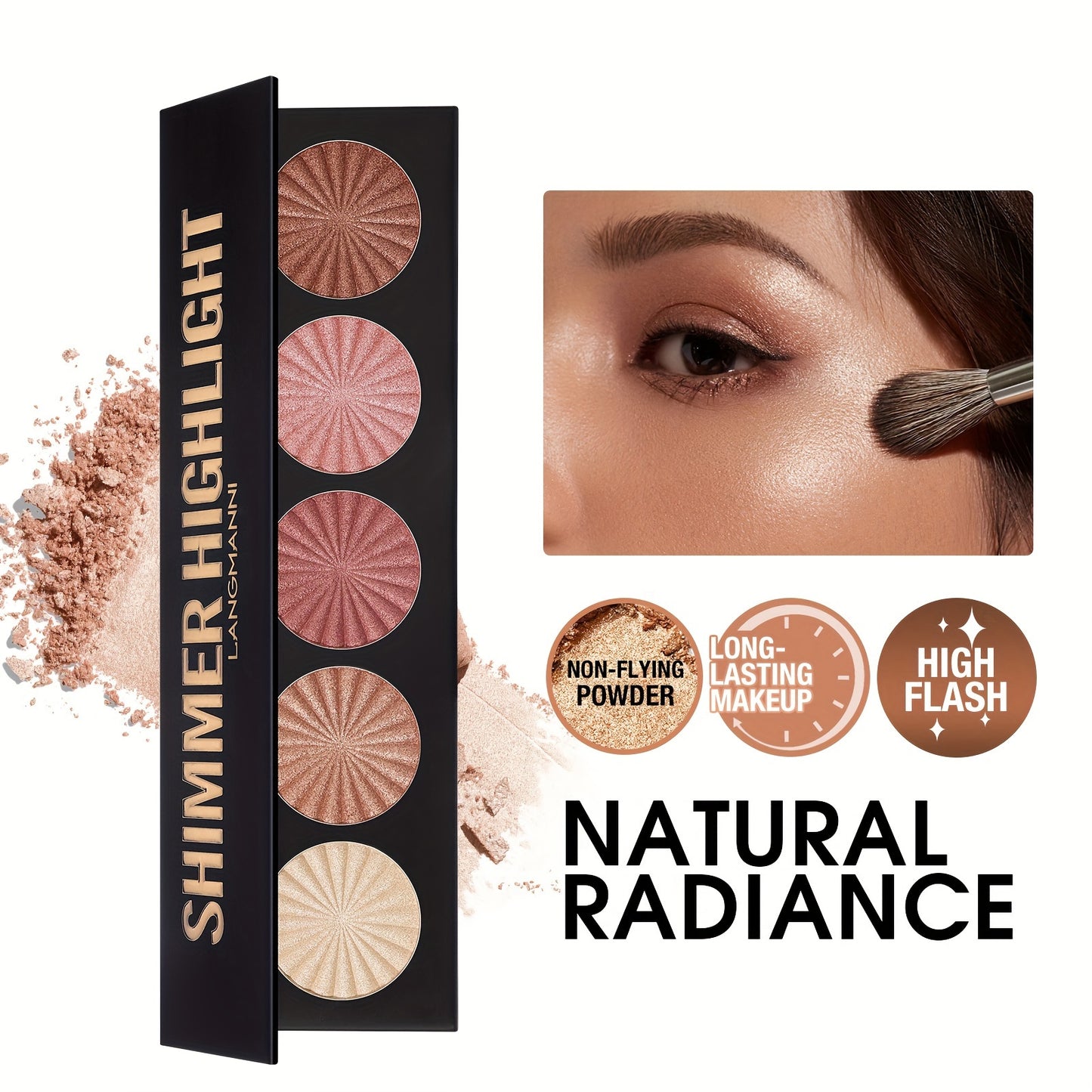 Langmanni 5-Color Highlighter and Contour Palette - Waterproof, Moisturizing, Natural Glow for All Skin Tones, Creamy Texture, Strong Coverage Face Makeup
