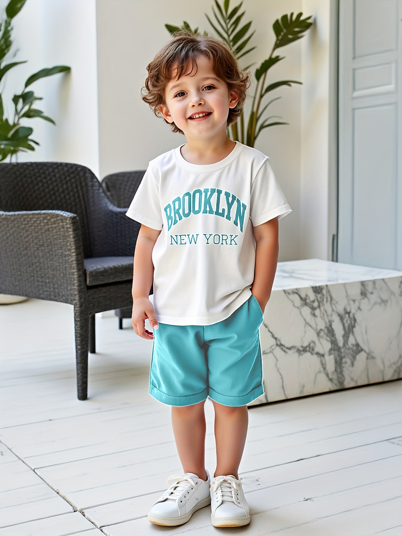 2pcs Summer Casual Shorts & T-Shirt Set for Boys - "Brooklyn New York" Print Tee, Green Shorts, White Sneakers, Polyester Fabric, Casual Summer Attire, Casual Summer Wear | Graphic Tee | Polyester Fabric, Boys Casual Wear, fo