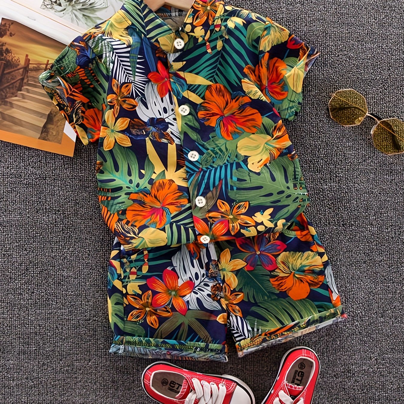 Boys' Tropical Leaf Print Summer Outfit - Casual Short Sleeve Shirt & Shorts Set, Machine Washable Polyester, Vibrant Floral Pattern for Spring/Summer, Cute Summer Clothes, Perfect for Outdoor