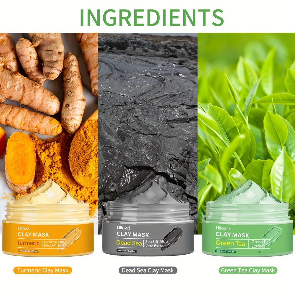 100ml/3.38fl.oz Dead Sea Mud Mask, Turmeric Clay Mask, Green Tea Clay Mask, Three Combination Clay Masks, Moisturizing, Hydrating and Pore Refining Deep Cleansing Facial Skin Care Mask Clay Mask
