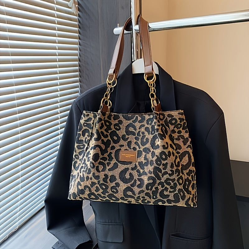 Stylish Leopard Print Canvas Tote Bag with Brown Handles & Golden-Tone Hardware, Spacious Shoulder Handbag for School, Work, or Shopping, Work Shoulder Bag | Bold Leopard Print | Oiledge Finish
