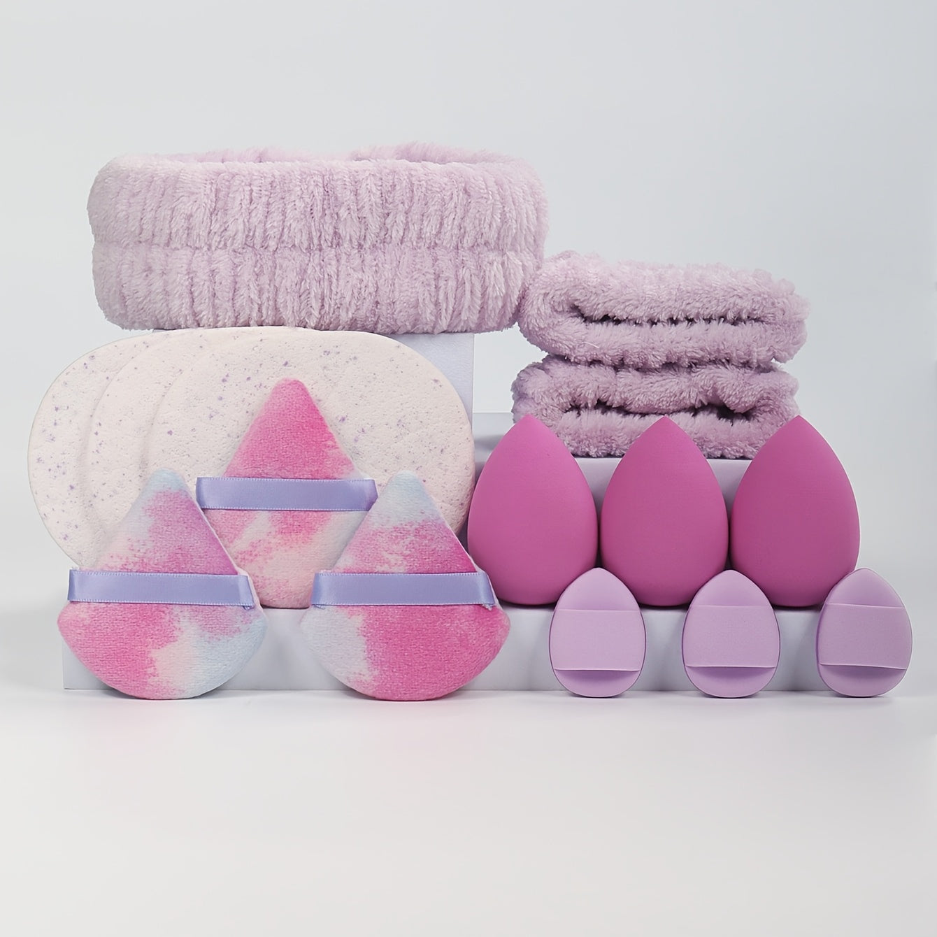 15pcs makeup tool set, 1 hair tie & 2 wristbands & 3 makeup sponges & 3 mini makeup sponges & 3 triangular powder puffs & 3 face wash sponges. Foundation mixing beauty sponge, liquid, cream and powder flawless, multi-color ma