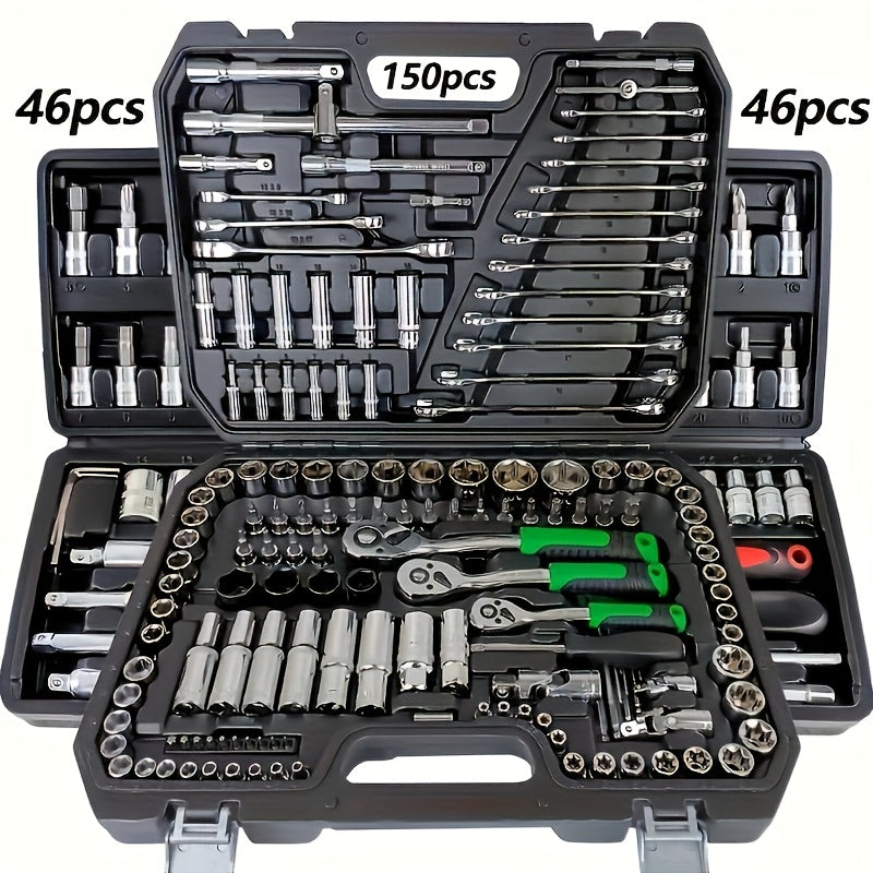 46pcs Ratchet Wrench Set with Socket, 1/4 Inch Transmission, Metric, with Extension Rod, for Car Maintenance and Home Use - Steel Plated Structure, Pre-assembled, Manual, with Storage Box