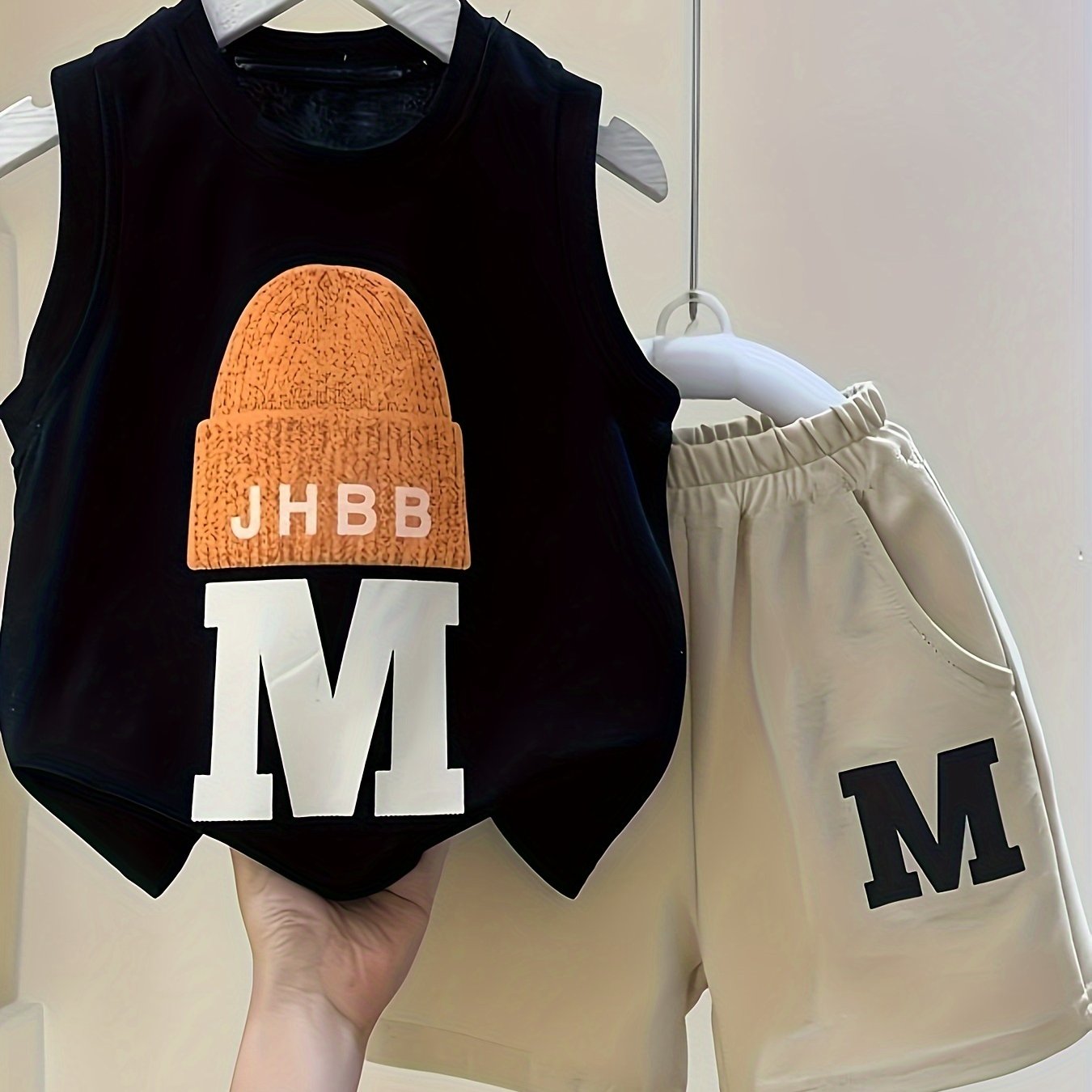 2pcs Cotton Set For Baby Boys, Summer Casual Sleeveless Round Neck Vest With Cap Design & Shorts, Fashionable Outfit Set, Green/Beige, Kids Comfort Wear, Outdoor Cloth