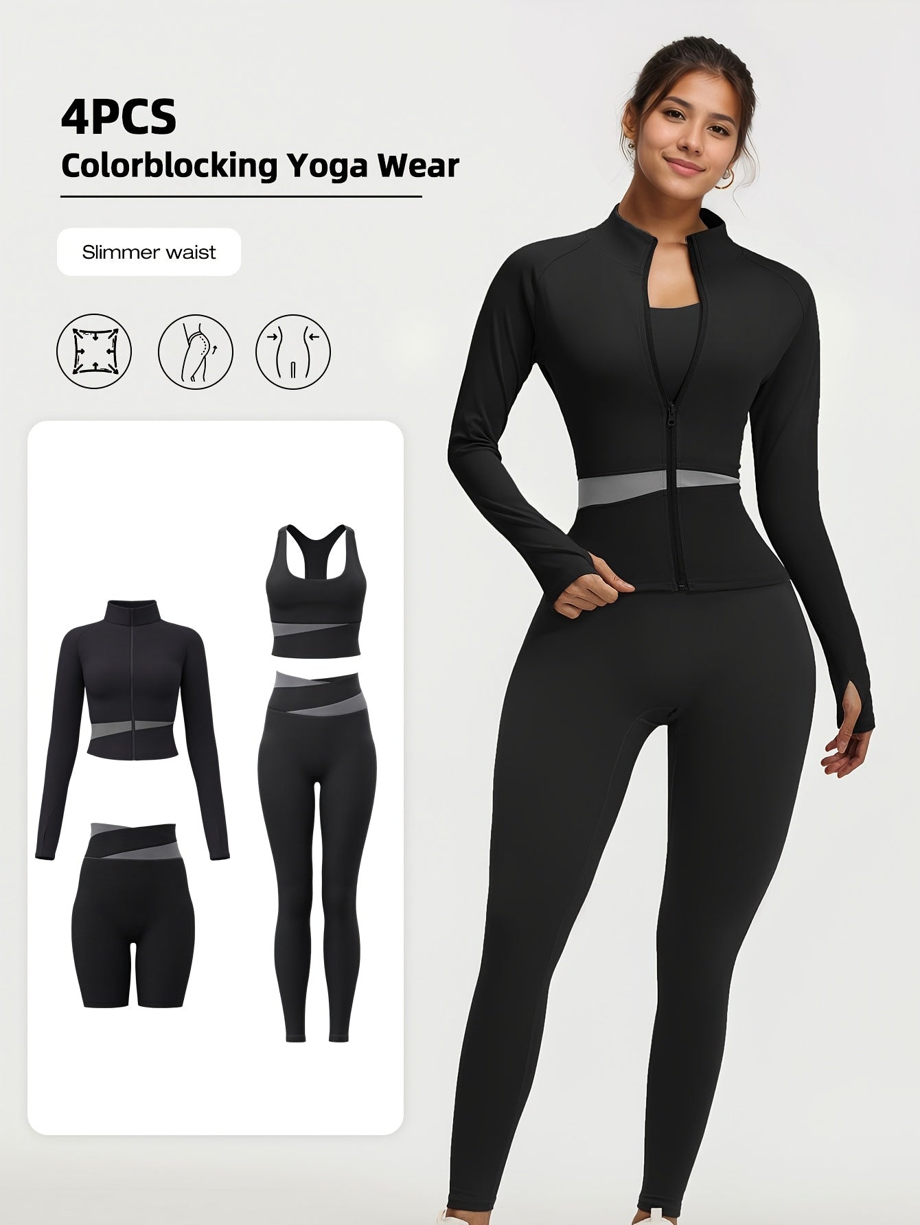 4pcs Women'S Yoga Wear Workout Set with Zipper Jacket Fitness Yoga Leggings Sports Bra Euro Size for Running Fitness And Yoga