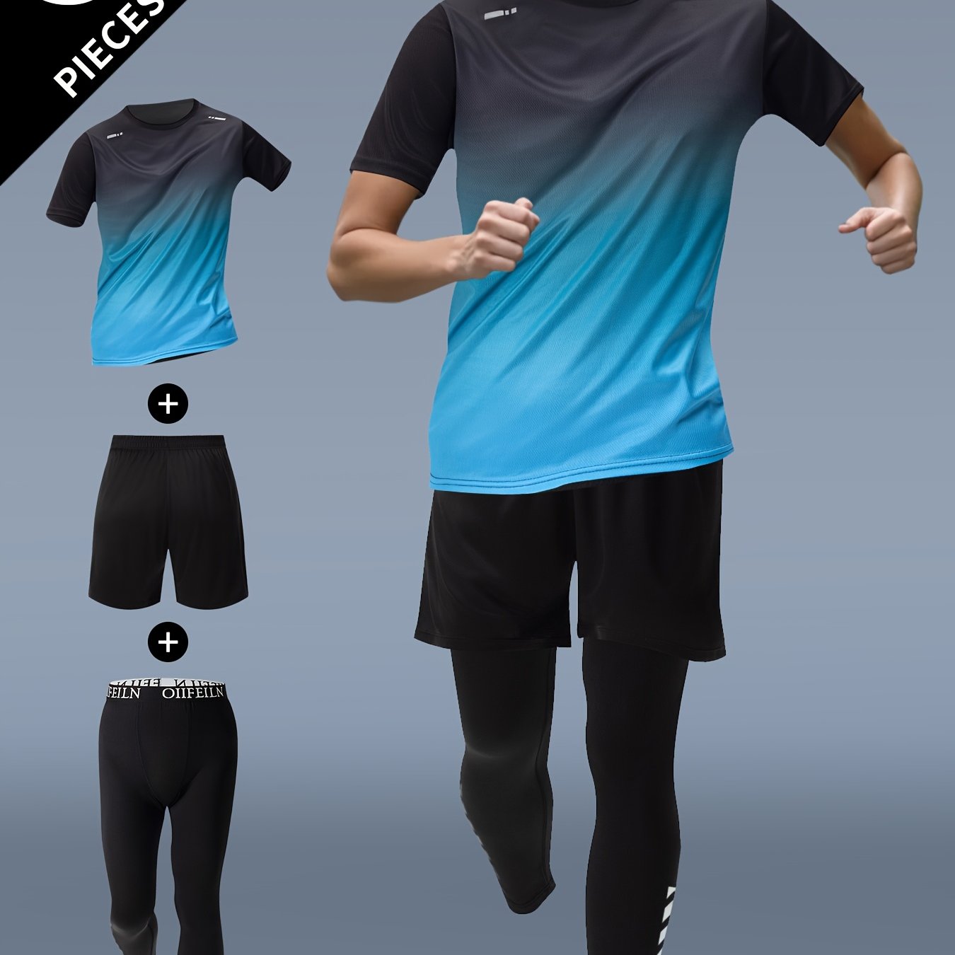 3pcs Men'S Athletic Wear Set - Short Sleeve T-Shirt, Shorts, and Leggings with Gradient Blue and Black Design, Polyester Blend, Summer Sports Gear, Athletic Wear Set|Gradient Sportswear|Stretchy Fabric