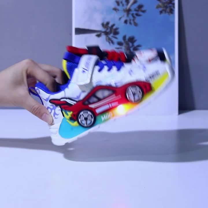 MGO Kids Light-Up Sneakers, Cartoon Car Design, LED Running Shoes for Boys & Girls, Casual All-Season Mesh Upper, Round Toe, Low Top, Disposable Battery, Ages 14 & Under, Spring/Summer/Fall Collection
