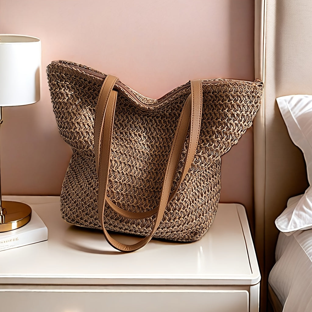 Large Capacity Woven Forest Tote Bag - Beige, One-Shoulder, Zipper Closure, Polyester Lining, Edge Paint Detail, Ideal for Beach & Casual Use, Beach Tote Bag|Woven Handle Bag|Zippered Tote, Beach Bag Tote