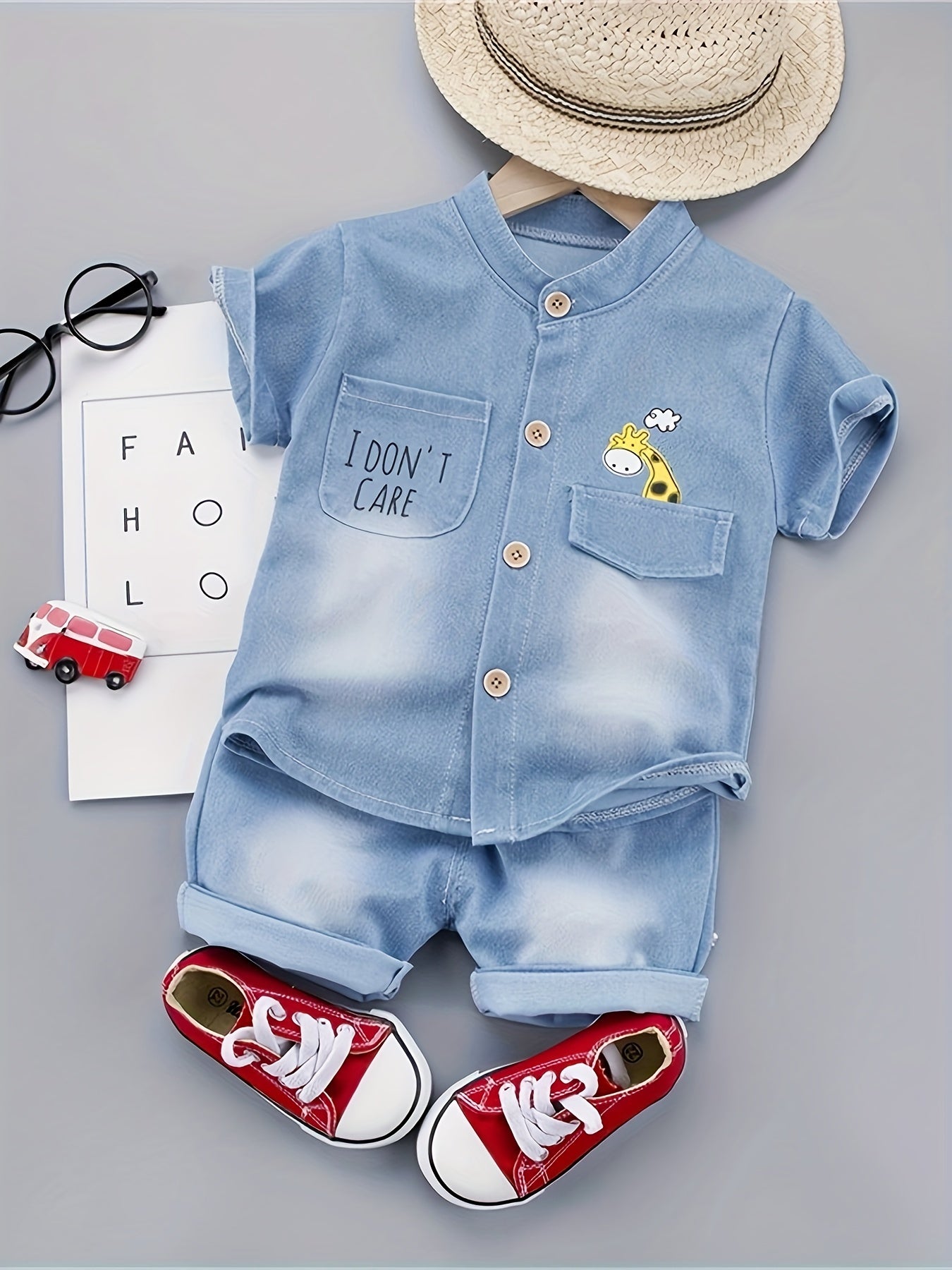 Newborn Baby Boys Casual Trendy Cute Cartoon Faded Denim Short Sleeve Top & Shorts Outdoor Set For Summer Holiday Party Baby Clothes