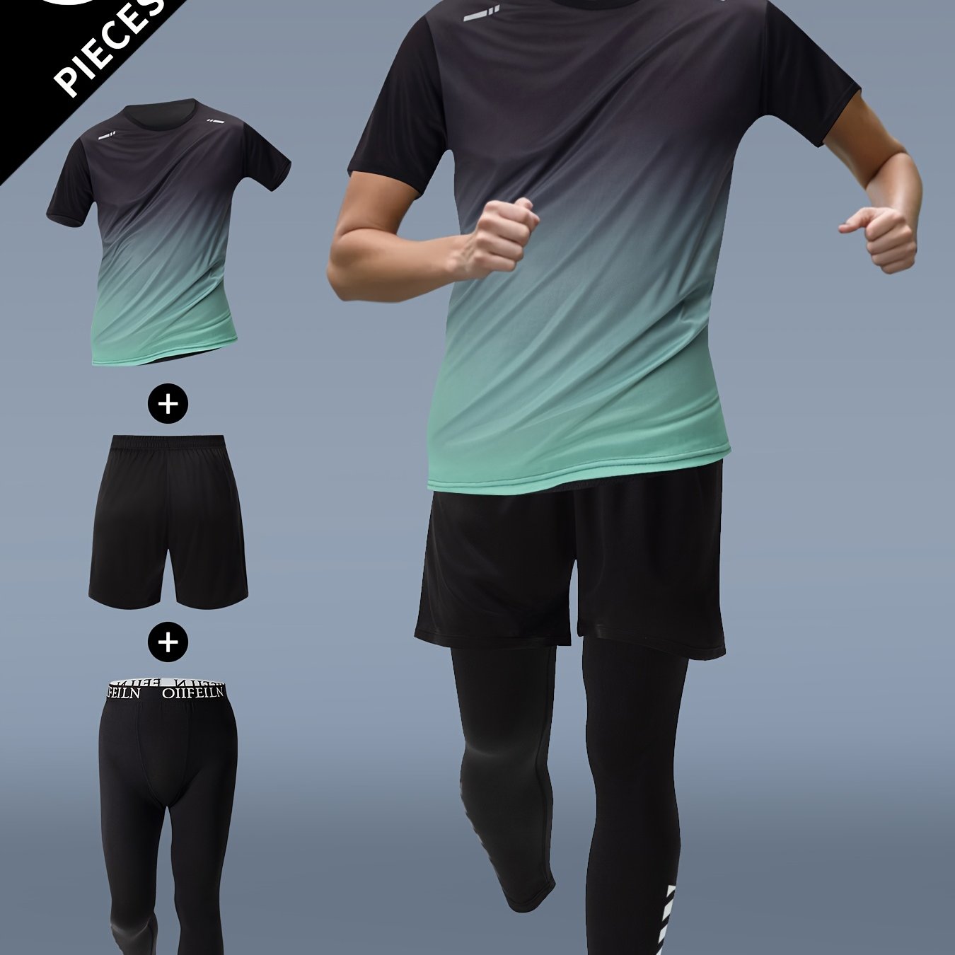 3pcs Men'S Athletic Wear Set - Short Sleeve T-Shirt, Shorts, and Leggings with Gradient Blue and Black Design, Polyester Blend, Summer Sports Gear, Athletic Wear Set|Gradient Sportswear|Stretchy Fabric
