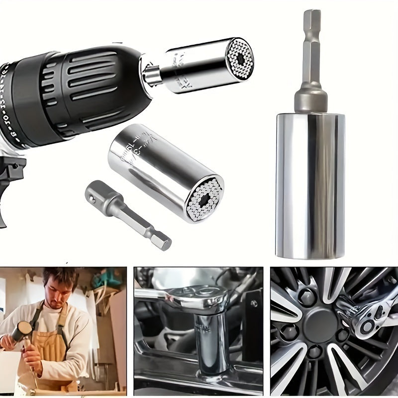 2pcs Professional Socket Wrench Set - Stainless Steel, Adjustable 7-19mm with Ratchet Wrench & Drill Bit Adapter, Alloy Material, for Various Applications, Industrial Tool Kit
