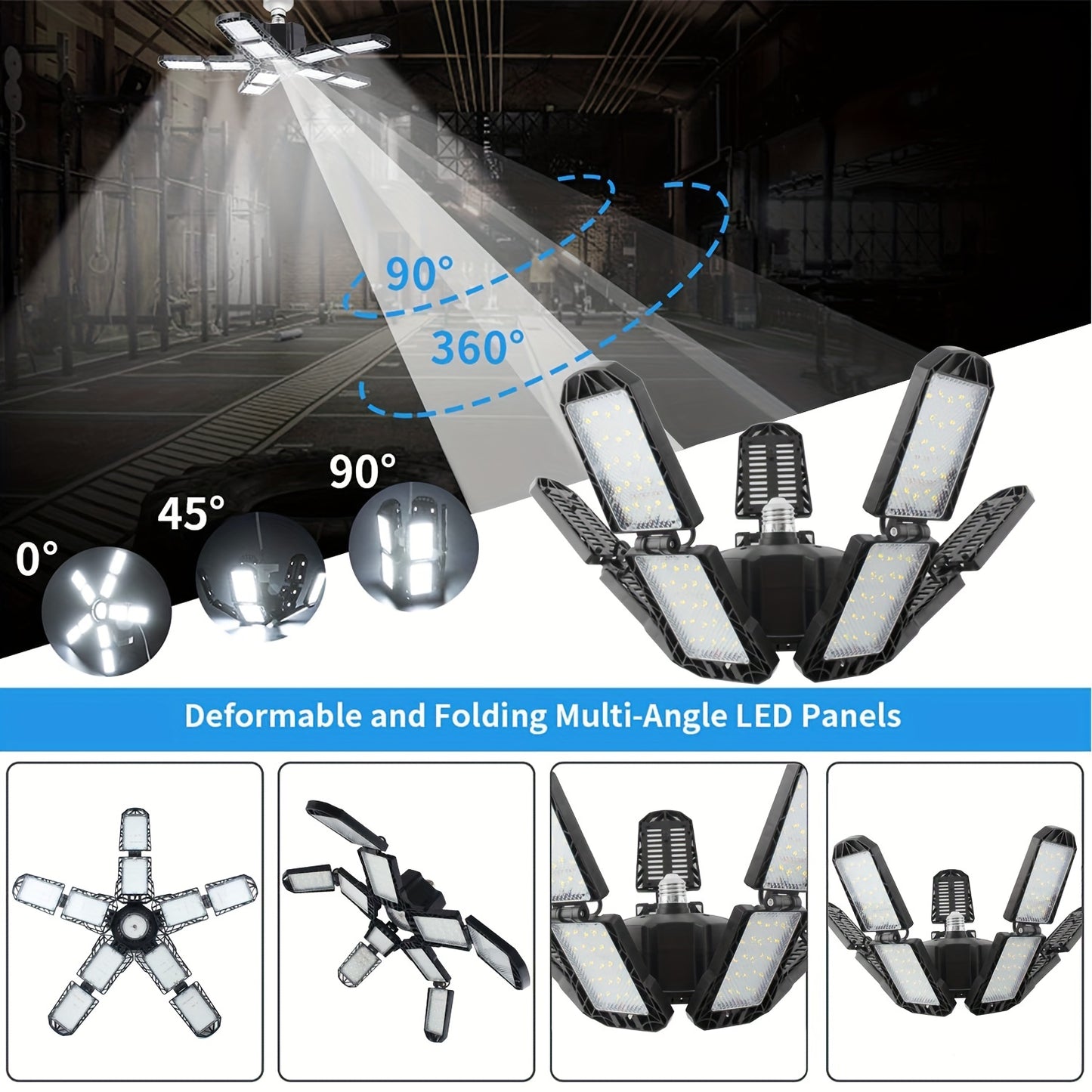 LECLSTAR 10+1 Adjustable Panels LED Garage Ceiling Light, 6500K Bright Daylight, Industrial Workshop Warehouse Attic Lighting, E26 E27 Bulb Socket, Indoor Use, 85V-265V, No Battery Required