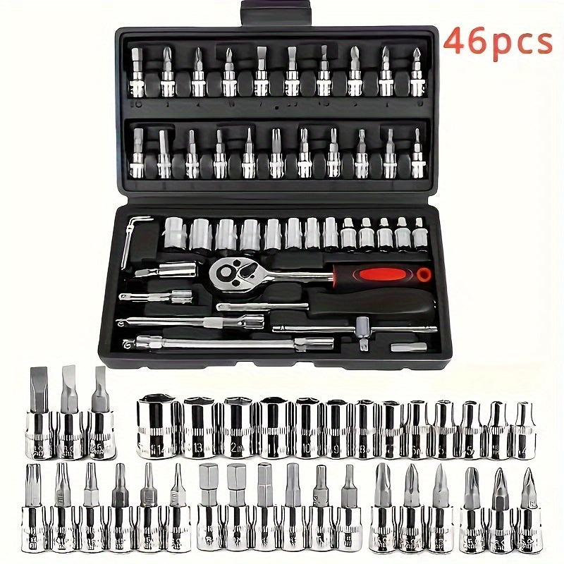 46pcs Ratchet Wrench Set with Socket, 1/4 Inch Transmission, Metric, with Extension Rod, for Car Maintenance and Home Use - Steel Plated Structure, Pre-assembled, Manual, with Storage Box