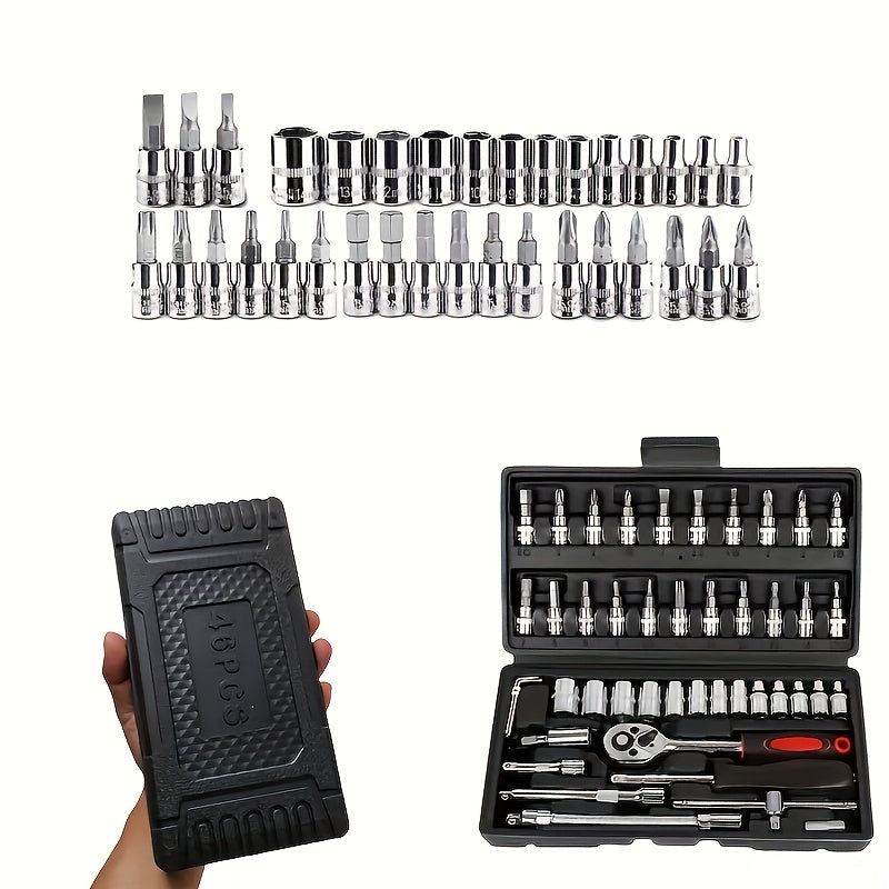 46pcs Ratchet Wrench Set with Socket, 1/4 Inch Transmission, Metric, with Extension Rod, for Car Maintenance and Home Use - Steel Plated Structure, Pre-assembled, Manual, with Storage Box