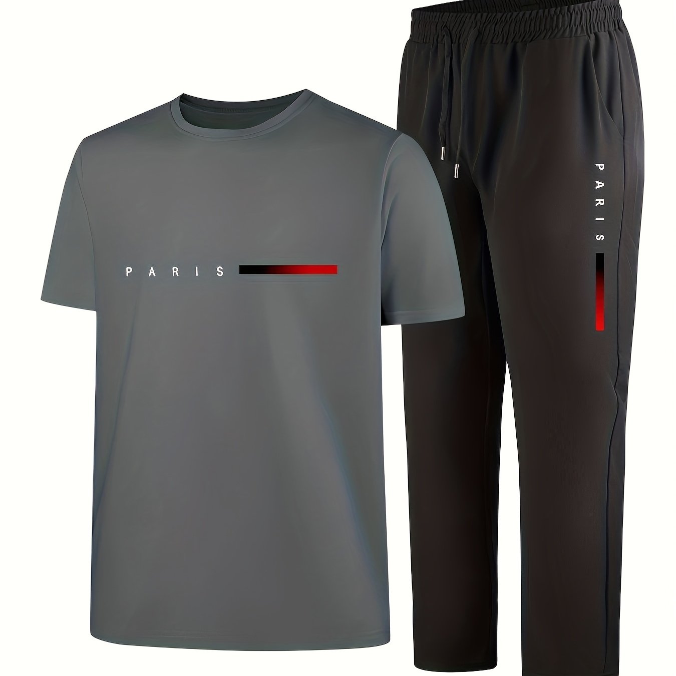 Men'S Casual Sports Two-Piece Set Short Sleeve Top Straight Leg Pants with Paris Print, Fashionable And Trendy, Ideal for Summer, Parties, Casual Outings, And Everyday Wear, Everyday Wear|Short Sleeve Top|Print Trousers