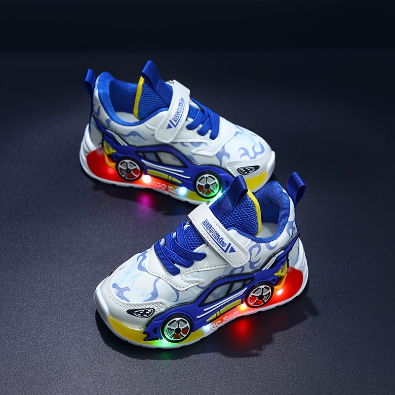 MGO Kids Light-Up Sneakers, Cartoon Car Design, LED Running Shoes for Boys & Girls, Casual All-Season Mesh Upper, Round Toe, Low Top, Disposable Battery, Ages 14 & Under, Spring/Summer/Fall Collection