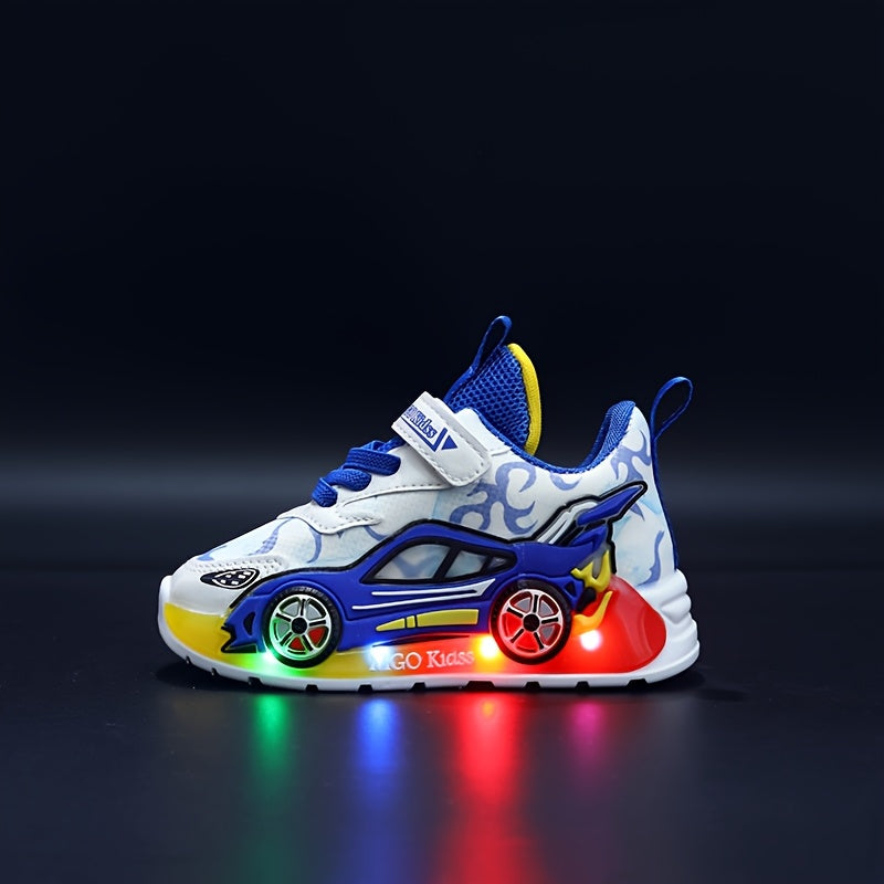 MGO Kids Light-Up Sneakers, Cartoon Car Design, LED Running Shoes for Boys & Girls, Casual All-Season Mesh Upper, Round Toe, Low Top, Disposable Battery, Ages 14 & Under, Spring/Summer/Fall Collection