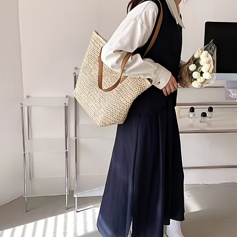 Large Capacity Woven Forest Tote Bag - Beige, One-Shoulder, Zipper Closure, Polyester Lining, Edge Paint Detail, Ideal for Beach & Casual Use, Beach Tote Bag|Woven Handle Bag|Zippered Tote, Beach Bag Tote
