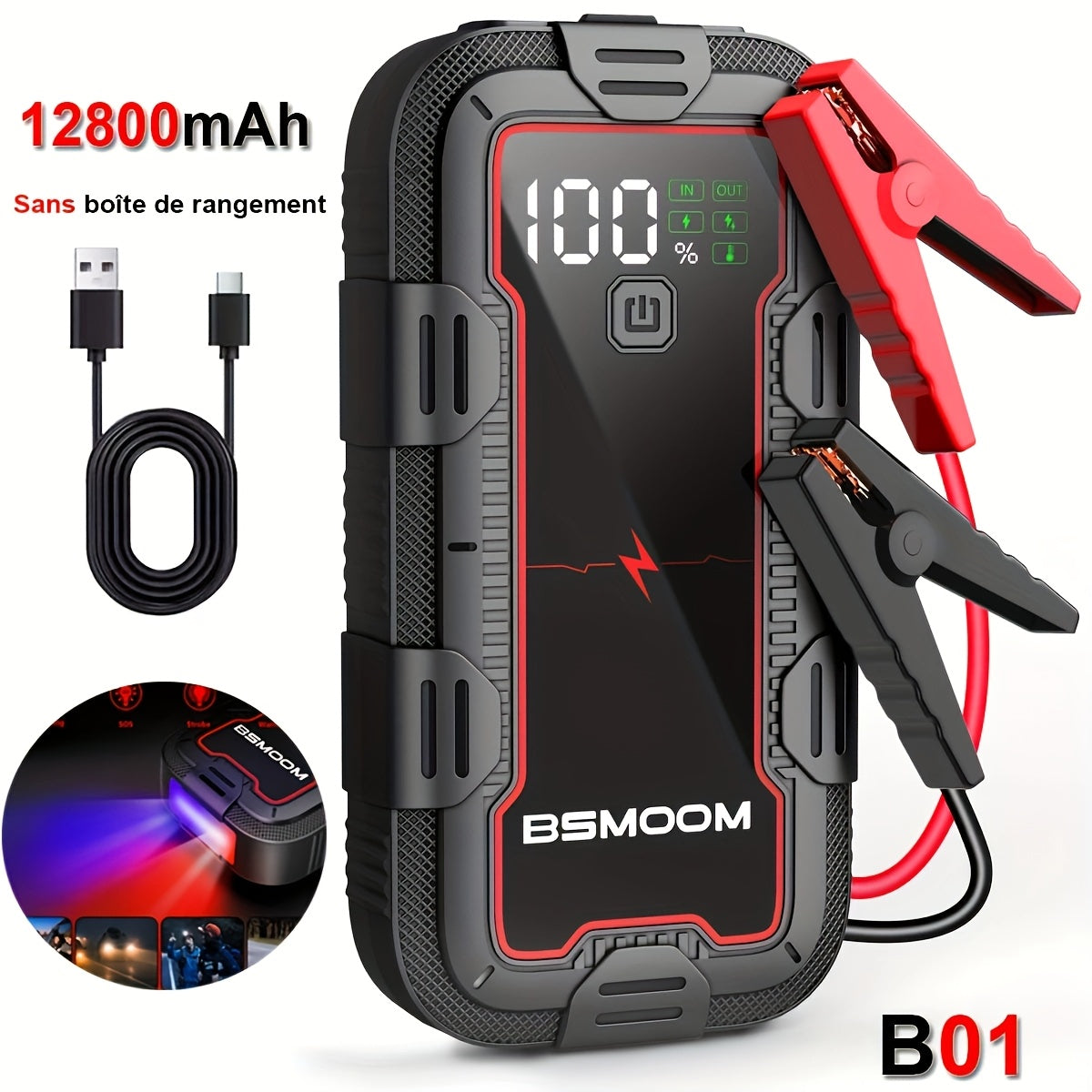 BSMOOM 6000A Car Battery Booster, Portable Car Starter (Up to 10.0L Diesel Or All Gas), 12V Jump Starter with LCD Display, LED Light