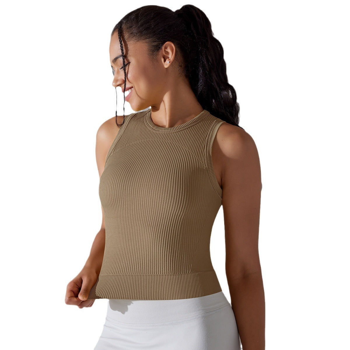 Knitted Solid Color Thread Mid-length Yoga Clothing Top Women