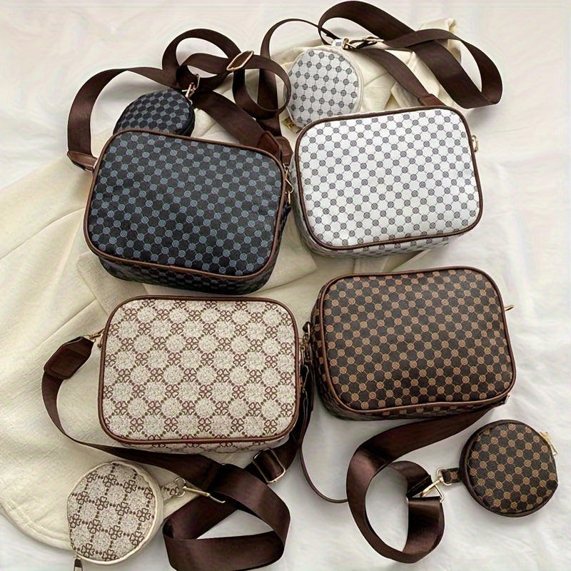 Vintage Plaid Faux Leather Crossbody Bag with Removable Strap, Zipper Closure, Polyester Lined, Painted Edges, Small Pouch - Women'S Shoulder Shell Bag for Occasions