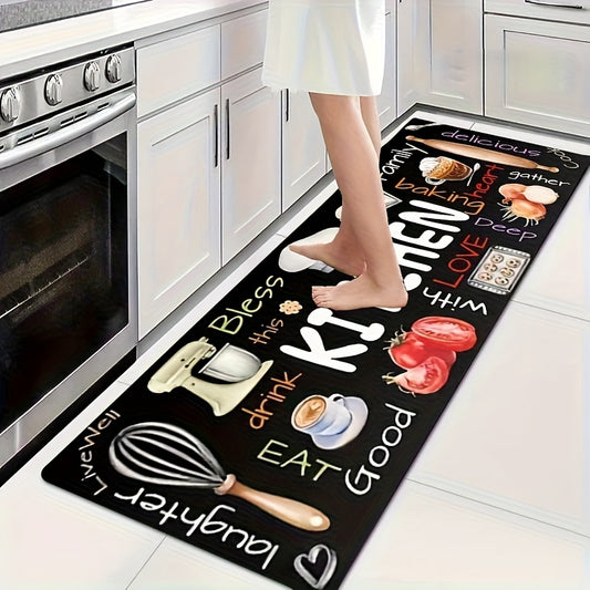 1pc Thick 1.1cm Kitchen Floor Mat with Kitchen Utensil Pattern Print, Thickened Polyester Fiber Mat for Kitchen, Living Room, Porch, Balcony and Home Decoration