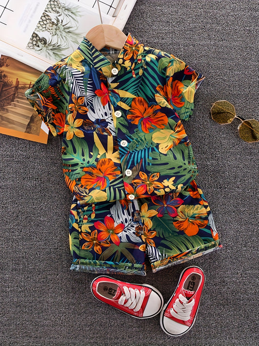 Boys' Tropical Leaf Print Summer Outfit - Casual Short Sleeve Shirt & Shorts Set, Machine Washable Polyester, Vibrant Floral Pattern for Spring/Summer, Cute Summer Clothes, Perfect for Outdoor