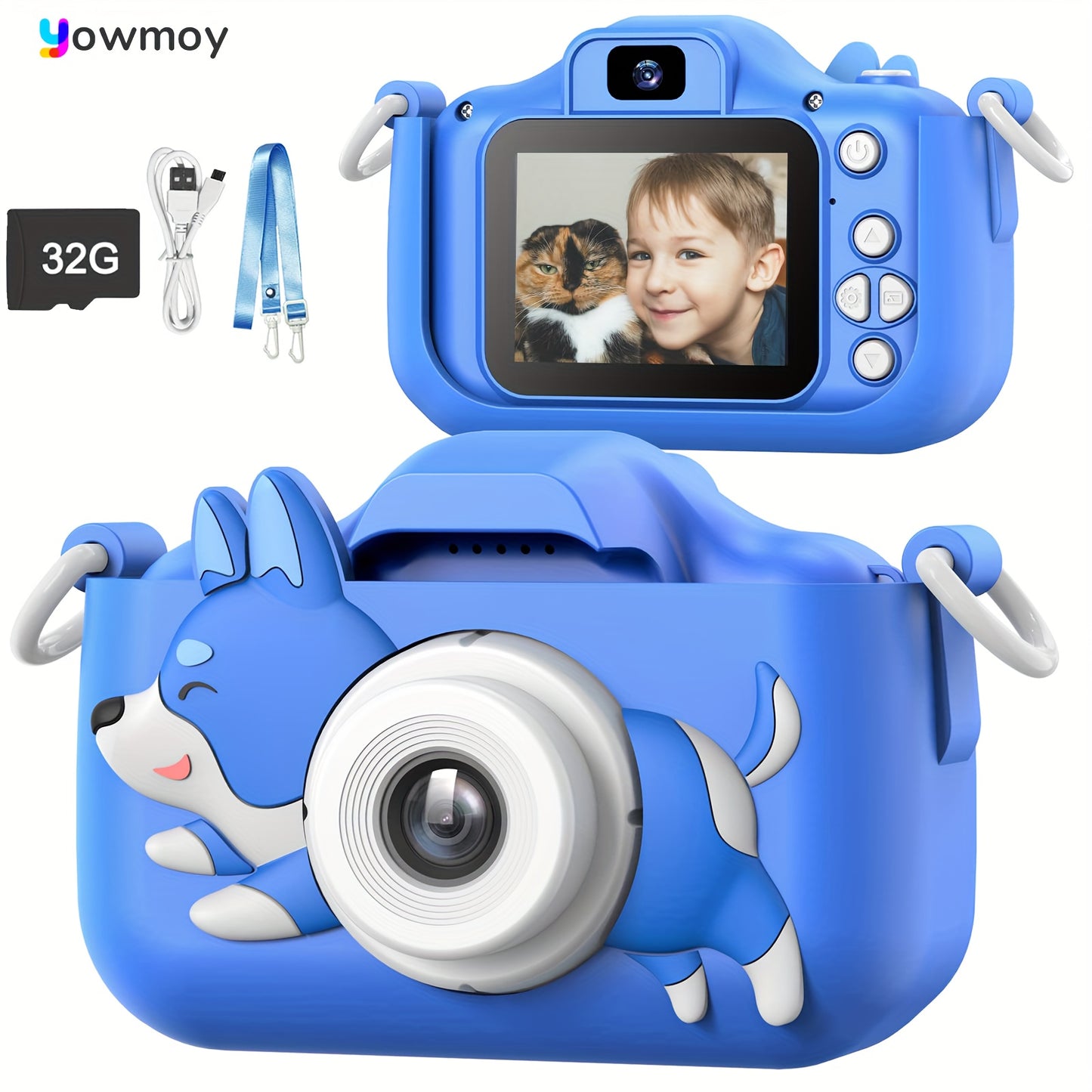 Kids Digital Camera Toy with 32G SD Card, 1080p IPS Screen, USB Charging, Rechargeable Lithium Polymer Battery, Non-Waterproof, Blue with Cartoon Silicone Lid, Includes 6 Beautiful & Funny Frames, Perfect for Boys 3-12 Years