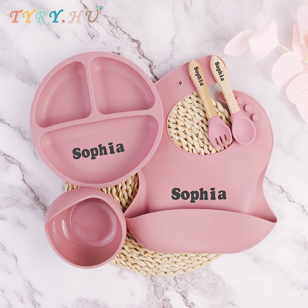 TYRY.HU Personalized Silicone Weaning Kit, Cartoon Weaning Kit for Toddlers and Babies, Feeding Set with Name, Baby Plate, Baby Shower Present, Christmas Day, Thanksgiving Gift, Back-to-School Season