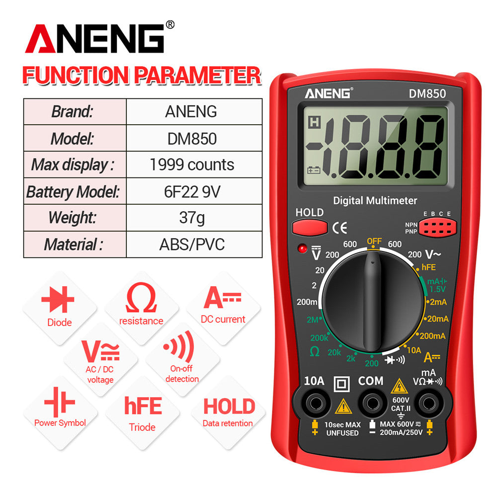 ANENG DM850 Multimètre numérique professionnel automatique 1999 comptes Testeur de tension automatique AC/DC Outil de détection d'ampèremètre de courant Ohm Sans batterie