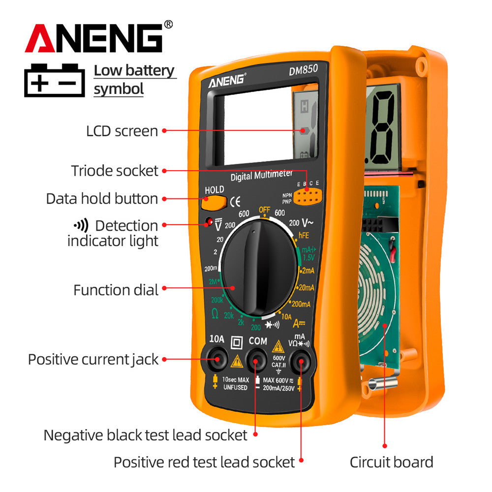 ANENG DM850 Multimètre numérique professionnel automatique 1999 comptes Testeur de tension automatique AC/DC Outil de détection d'ampèremètre de courant Ohm Sans batterie