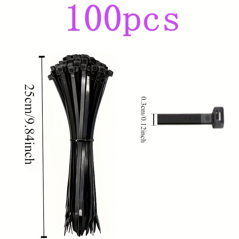 100pcs Black Cable Ties - 4 Sizes (10.01cm, 19.99cm, 30.0cm, 40.41cm) - High Tensile Strength, UV Resistant, Self-Locking for Home & Office Cord Management