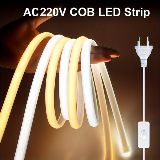 1 pack de bande LED flexible COB 220 V, 288 LED/m, bandes lumineuses LED 12 W/M, bande lumineuse LED d'extérieur découpable de 1 m pour cuisine, chambre à coucher, accessoires gratuits et prise UE de 1,2 m avec interrupteur