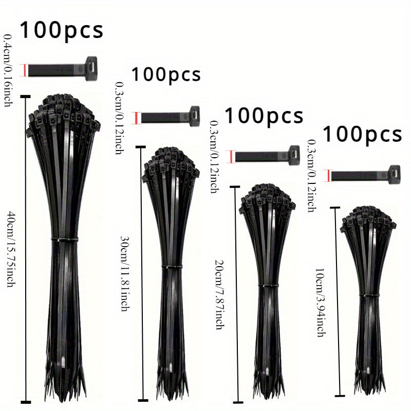 100pcs Black Cable Ties - 4 Sizes (10.01cm, 19.99cm, 30.0cm, 40.41cm) - High Tensile Strength, UV Resistant, Self-Locking for Home & Office Cord Management